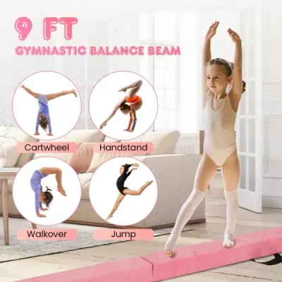 Dětská balanční kladina 270 cm skládací gymnastická kladina s rukojetí pro přenášení růžová