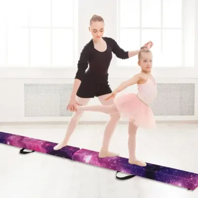 Dětská balanční kladina 270 cm skládací gymnastická kladina s rukojetí pro přenášení fialová