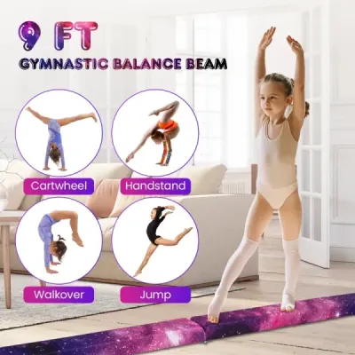 Dětská balanční kladina 270 cm skládací gymnastická kladina s rukojetí pro přenášení fialová