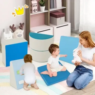 6 TLG. Dětské pěnové stavební bloky s horolezeckou skálou pro lezení a plazení Měkké stavební bloky modré barvy