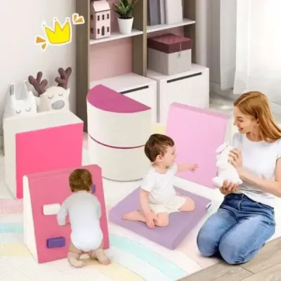 6 TLG. Dětské pěnové stavební bloky s horolezeckou skálou pro lezení a plazení Měkké stavební bloky Růžová barva