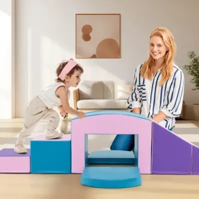 6 TLG. Pěnové stavební bloky měkké stavební bloky s tunelem schody a rampa modrá + fialová