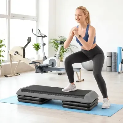 Aerobní stepper s nastavitelnou výškou, fitness stepper se 4 opěrnými bloky, strukturovaný povrch, šedý
