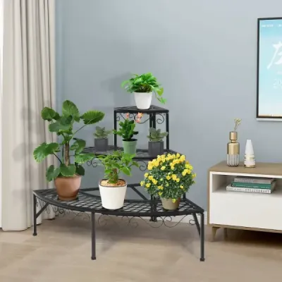 Kovový stojan na květiny 3-stupňový stojan na rostliny 59 x 59 x 60 cm černý