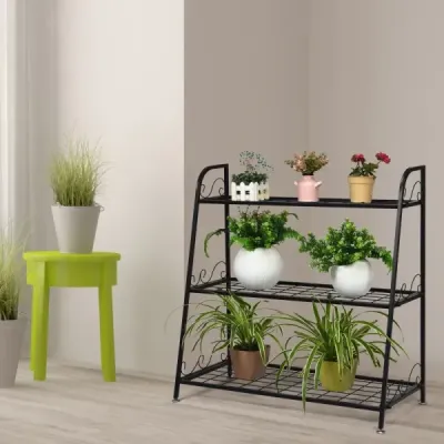 Regál na rostliny 3patrový kovový stojan na rostliny 81 x 35 x 82 cm černý