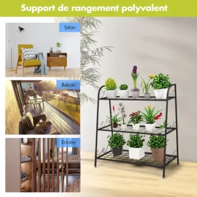 Regál na rostliny 3patrový kovový stojan na rostliny 81 x 35 x 82 cm černý