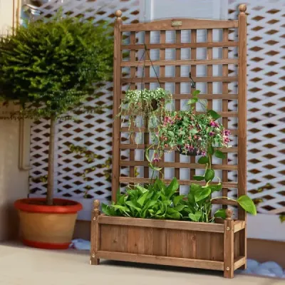 Květinový truhlík s mříží Dřevěný truhlík pro popínavé rostliny Vyvýšený záhon s mříží 64,5 x 28 x 120 cm Hnědý