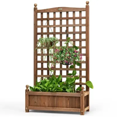 Květinový truhlík s mříží Dřevěný truhlík pro popínavé rostliny Vyvýšený záhon s mříží 64,5 x 28 x 120 cm Hnědý