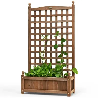 Květinový truhlík s mříží Dřevěný truhlík pro popínavé rostliny Vyvýšený záhon s mříží 64,5 x 28 x 120 cm Hnědý