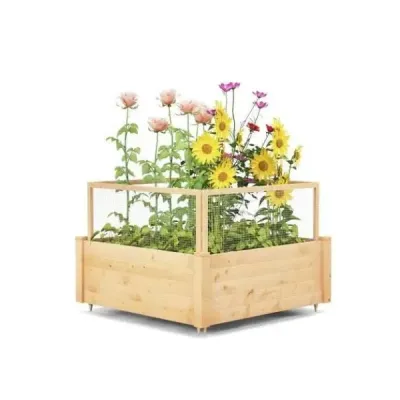 Vyvýšený záhon s ohrádkou Dřevěný box na sázení se čtyřstrannou ochrannou ohrádkou a roštem na rostliny 107 x 107 x 70 cm