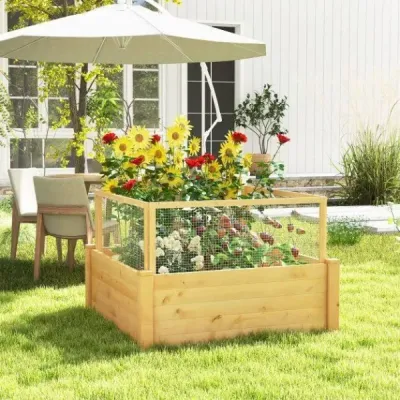 Vyvýšený záhon s ohrádkou Dřevěný box na sázení se čtyřstrannou ochrannou ohrádkou a roštem na rostliny 107 x 107 x 70 cm