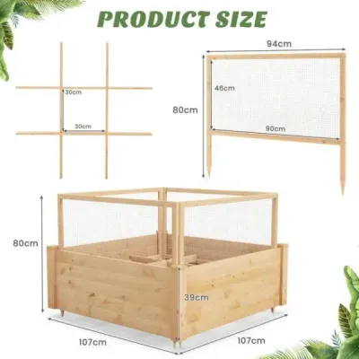 Vyvýšený záhon s ohrádkou Dřevěný box na sázení se čtyřstrannou ochrannou ohrádkou a roštem na rostliny 107 x 107 x 70 cm