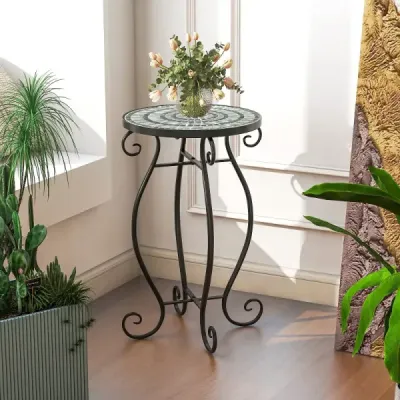 Kulatý příruční stolek mozaikový stolek z kovu a keramiky ∅30 x 50 cm na balkon, terasu, zahradu