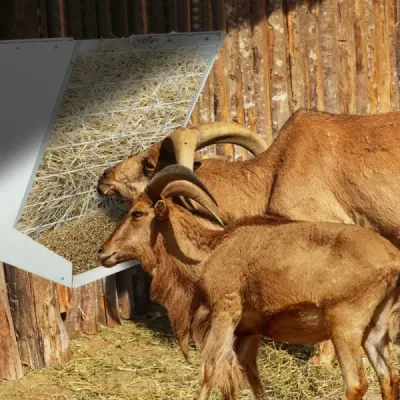 2v1 napáječka na seno a obilí vyrobená z pozinkovaného kovu s nastavitelnou vzdáleností a síťovinou