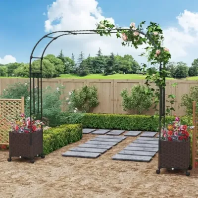 Zahradní oblouková mříž se 2 truhlíky na květináče Venkovní pergola mříž kovový dekorativní oblouk