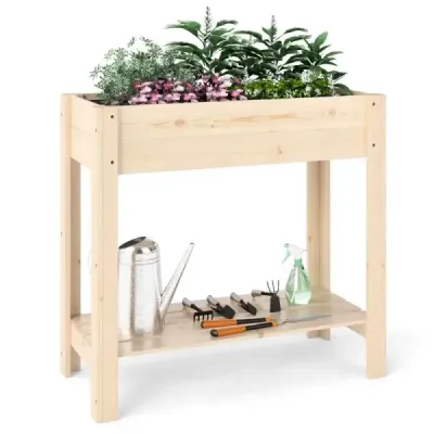 Vyvýšený záhon s policí Vyvýšený dřevěný zahradní záhon Box na květináče s drenáží 81 x 37 x 77 cm Natural