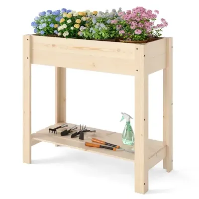 Vyvýšený záhon s policí Vyvýšený dřevěný zahradní záhon Box na květináče s drenáží 81 x 37 x 77 cm Natural