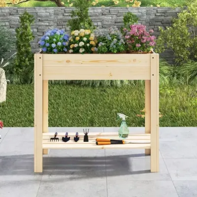 Vyvýšený záhon s policí Vyvýšený dřevěný zahradní záhon Box na květináče s drenáží 81 x 37 x 77 cm Natural