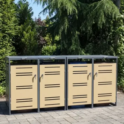 Úložný prostor pro 2 popelnice o objemu 120 l. Zahradní domek odolný proti povětrnostním vlivům s uzamykatelnými dveřmi. Šedožlutý.