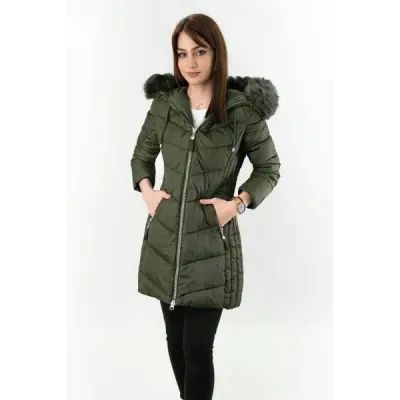 Dlouhá dámská zimní bunda MODA689 khaki