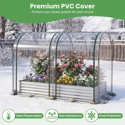 Zvýšený záhon 3 v 1 se skleníkem – kovový truhlík s PVC krytem a 2 okny – skleník, stříbrný