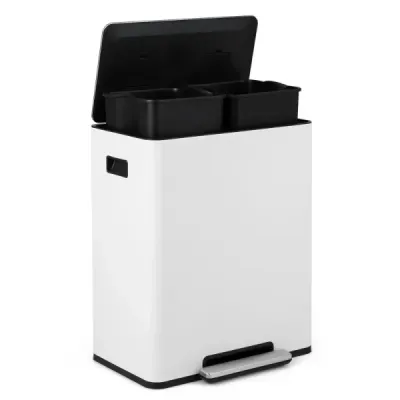 60L kuchyňský odpadkový koš z nerezové oceli s pedálem a víkem Softclose, 2 přihrádky, systém třídění odpadu, bílý
