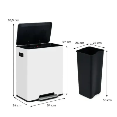60L kuchyňský odpadkový koš z nerezové oceli s pedálem a víkem Softclose, 2 přihrádky, systém třídění odpadu, bílý