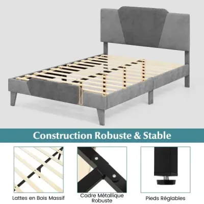 Čalouněná postel na platformě ve velikosti dvoulůžka Sametový rám postele s čelem Rám postele z masivních dřevěných lamel 140 x 200 cm Šedá barva