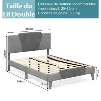 Čalouněná postel na platformě ve velikosti dvoulůžka Sametový rám postele s čelem Rám postele z masivních dřevěných lamel 140 x 200 cm Šedá barva