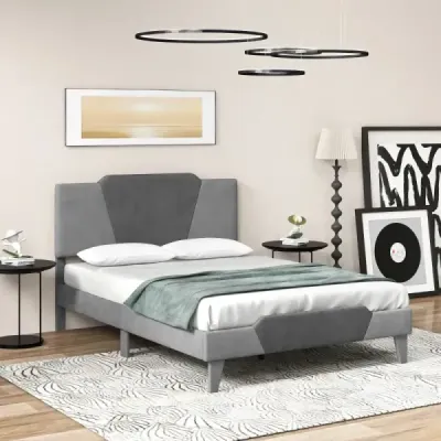 Čalouněná postel na platformě ve velikosti dvoulůžka Sametový rám postele s čelem Rám postele z masivních dřevěných lamel 140 x 200 cm Šedá barva