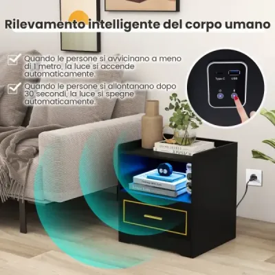 Noční stolek s USB portem LED světla a nabíjecí stanicí Type-C Noční skříňka s pohybovým senzorem Černá