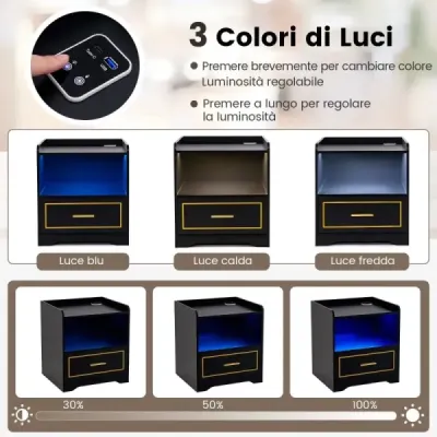 Noční stolek s USB portem LED světla a nabíjecí stanicí Type-C Noční skříňka s pohybovým senzorem Černá