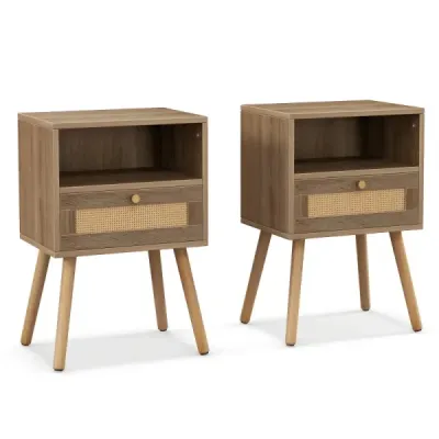 Costway noční stolek ratan sada 2 nočních stolků se zásuvkou a otevřenou přihrádkou 40 x 30 x 60,5 cm
