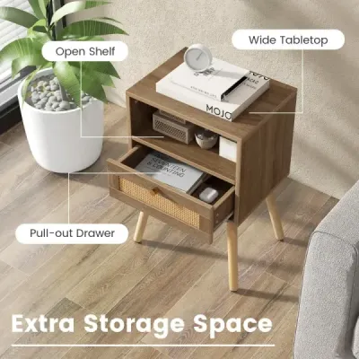 Costway noční stolek ratan sada 2 nočních stolků se zásuvkou a otevřenou přihrádkou 40 x 30 x 60,5 cm
