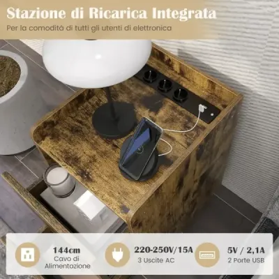 Noční stolek s nabíjecí stanicí Úzký noční stolek se 2 zásuvkami a USB porty 40 x 32 x 60 cm Rustikální hnědá barva