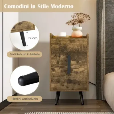 Noční stolek s nabíjecí stanicí Úzký noční stolek se 2 zásuvkami a USB porty 40 x 32 x 60 cm Rustikální hnědá barva