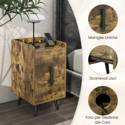 Noční stolek s nabíjecí stanicí Úzký noční stolek se 2 zásuvkami a USB porty 40 x 32 x 60 cm Rustikální hnědá barva