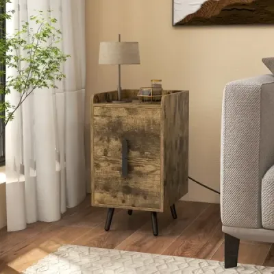 Noční stolek s nabíjecí stanicí Úzký noční stolek se 2 zásuvkami a USB porty 40 x 32 x 60 cm Rustikální hnědá barva