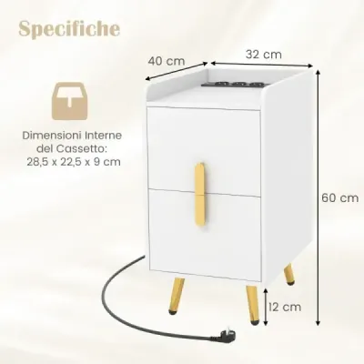 Noční skříňka s nabíjecí stanicí úzká noční skříňka se 2 zásuvkami a porty USB 40 x 32 x 60 cm bílá
