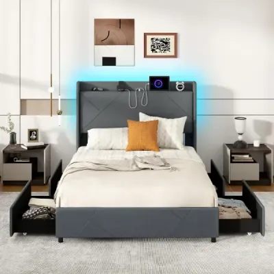 Rám manželské postele včetně LED osvětlení Čalouněná postel s nabíjecí stanicí 2 úložné vaky a 4 zásuvky Šedá (200 x 140 cm)