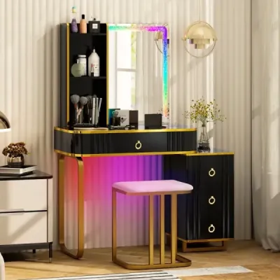 Toaletní stolek s LED osvětlením Toaletní stolek se 7 dynamickými a 7 statickými stmívatelnými LED světly Černá barva