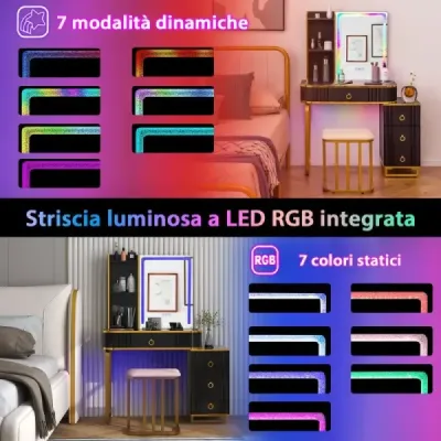Toaletní stolek s LED osvětlením Toaletní stolek se 7 dynamickými a 7 statickými stmívatelnými LED světly Černá barva