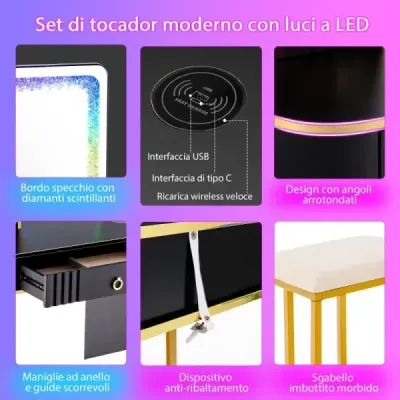 Toaletní stolek s LED osvětlením Toaletní stolek se 7 dynamickými a 7 statickými stmívatelnými LED světly Černá barva