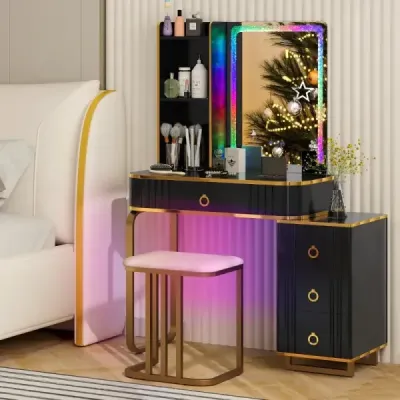 Toaletní stolek s LED osvětlením Toaletní stolek se 7 dynamickými a 7 statickými stmívatelnými LED světly Černá barva