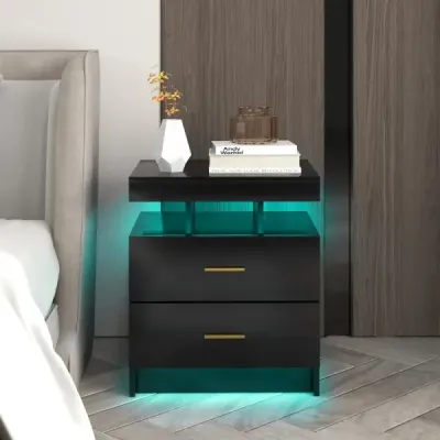Noční stolek s LED osvětlením Noční stolek se 2 zásuvkami 50 x 40 x 58 cm černý