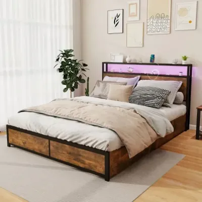 Postel s LED osvětlením nabíjecí stanice a 4 šuplíky úložná postel s čelem a lamelovým roštem 200 x 160 cm
