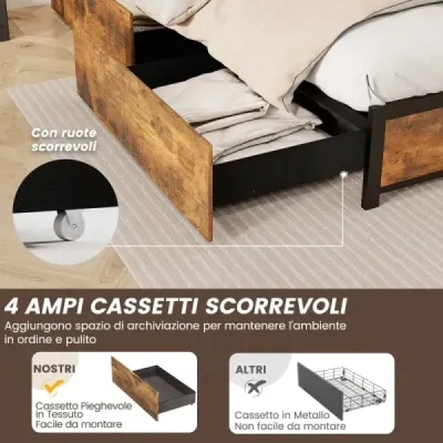 Postel s LED osvětlením nabíjecí stanice a 4 šuplíky úložná postel s čelem a lamelovým roštem 200 x 160 cm