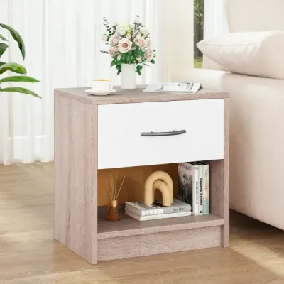 Noční stolek se zásuvkou Malý noční stolek s otevřenou přihrádkou 38,5 x 28 x 40,5 cm Přírodní + bílá barva