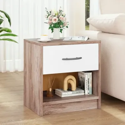 Noční stolek se zásuvkou Malý noční stolek s otevřenou přihrádkou 38,5 x 28 x 40,5 cm Dub + bílá barva