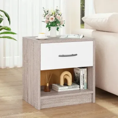 Noční stolek se zásuvkou Malý noční stolek s otevřenou přihrádkou 38,5 x 28 x 40,5 cm Světle šedý + bílý